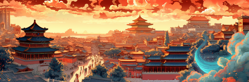 红色渐变大气国潮风插画晚霞时分的城市故宫古风建筑繁华的街道,插画/手绘图,插画/手绘图库,插画/手绘图下载,插画/手绘
